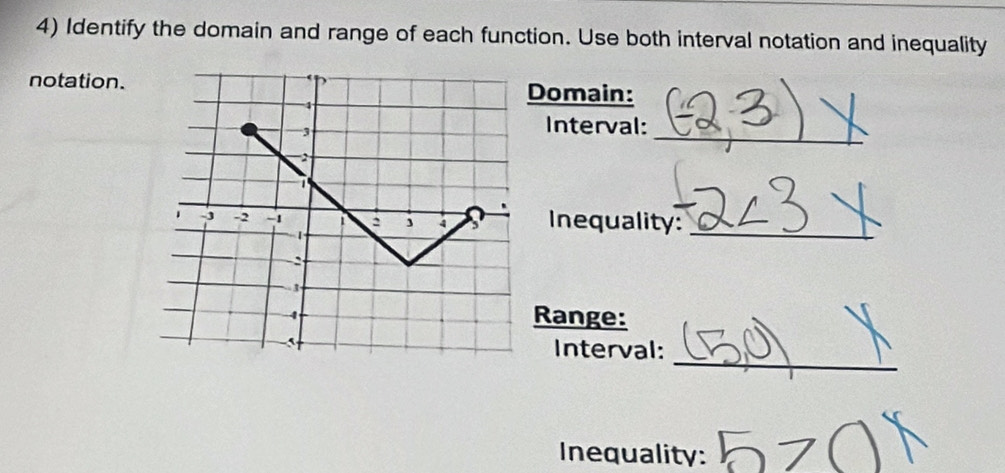 Identify the domain and range of each function. Use both interval notation and inequality 
notation. Domain: 
Interval: 
_ 
Inequality:_ 
Range: 
_ 
Interval: 
Inequality: