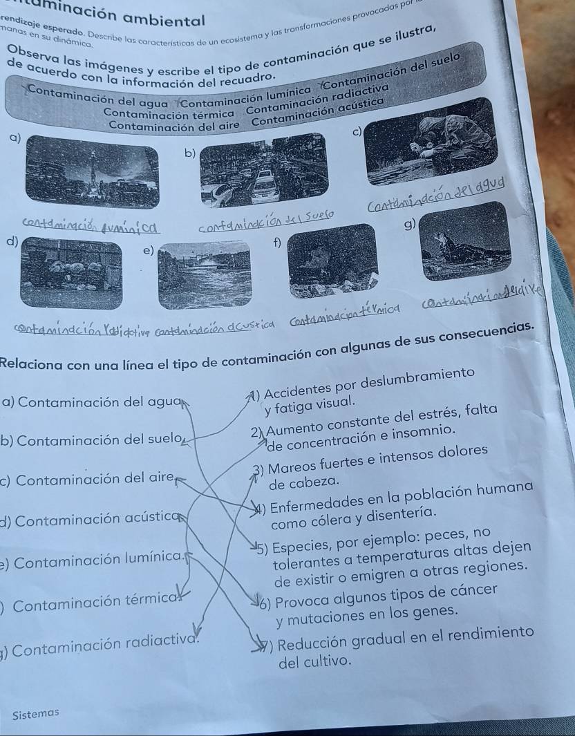 tuminación ambiental
rendizaje esperado. Describe las características de un ecosistema y las transformaciones provocadas por
manas en su dinámica
Observa las imágenes y escribe el tipo de contaminación que se ilustra,
de acuerdo con la información del recuadro.
Contaminación del agua Contaminación lumínica 'Contaminación del suela
Contaminación térmica Contaminación radiactiva
Contaminación del aire Contaminación ac
a
b
g
d
f
e
Relaciona con una línea el tipo de contaminación con algunas de sus consecuencias.
a) Contaminación del agua
) Accidentes por deslumbramiento
y fatiga visual.
b) Contaminación del suelo 2) Aumento constante del estrés, falta
de concentración e insomnio.
3) Mareos fuertes e intensos dolores
c) Contaminación del aire, 
de cabeza.
d) Contaminación acústica 4) Enfermedades en la población humana
como cólera y disentería.
e) Contaminación lumínica. 5) Especies, por ejemplo: peces, no
tolerantes a temperaturas altas dejen
de existir o emigren a otras regiones.
) Contaminación térmica
6) Provoca algunos tipos de cáncer
y mutaciones en los genes.
g) Contaminación radiactiva. 7) Reducción gradual en el rendimiento
del cultivo.
Sistemas