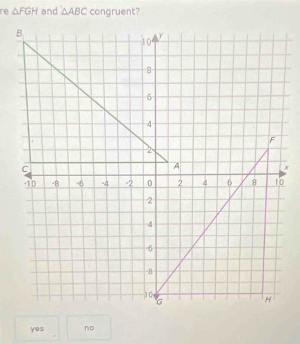 re △ FGH and △ ABC congruent?
yes no