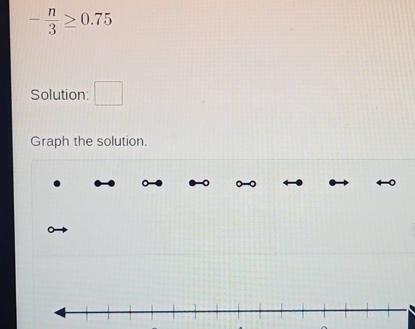 - n/3 ≥ 0.75
Solution: □ 
Graph the solution.