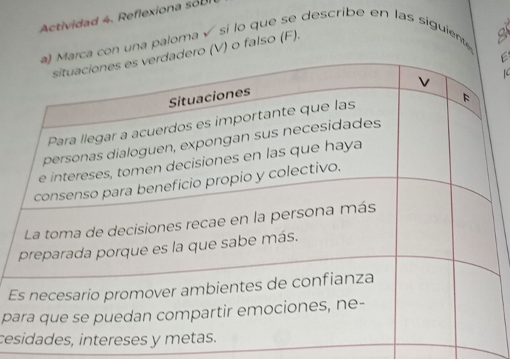 Actividad 4. Reflexiona soB 
on una paloma √ si lo que se describe en las siguiente 
(V) o falso (F). 
E 
[ 
E 
p 
ce