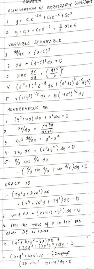 ELIMINATION OF ARBITRARY CONSTAN
1 y=c_1e^(-2x)+c_2e^(-x)+2e^x
2. y=C_1x+C_2x^(-1)+ 1/2 xln x
VARIABLE SEPARABLE
dy/dx=(x+1)^2
dy-(y-1)^2dx=0
2 yln x ax/dy =( (y+1)/x )^2
(e^y+1)^2e^(-y)dx+(e^x+1)^3e^(-x)dy=0
5 x(1+y^2)^1/2dx=y(1+x^2)^1/2dy
HOMOGENEOUS DE
1. (y^2+yx)dx+x^2dy=0
2 dy/dx= (x+3y)/3x+y 
3. xy^2 dy/dx =y^3-x^3
4 2xydx+(x^2+y^2)dy=0
5. y/xcos y/xdx
-(x/ysin y/x+cos y/x)dy=0
EXACT DE
1. (3x^2y+8xy^2)dx
+(x^3+8x^2y+12y^2)dy=0
2. cosy dx-(xsin y-y^2)dy=0
5. Find the value of k so that the
given DE is exact
3. (y^3+kxy^4-2x)dx+ (3xy^2+20x^2y^3)dy=0
(6xy^3+cos y)dx+(-2kx^2y^2.
(2kx^2y^2· xsin y)dy=0