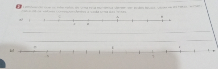 Lembrando que os intervalos de uma reta numérica devem ser todos iguais, observe as retas numéri- 
cas e dé os valores correspondentes a cada uma das letras.