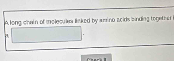 A long chain of molecules linked by amino acids binding together i 
a 
. 
Check It