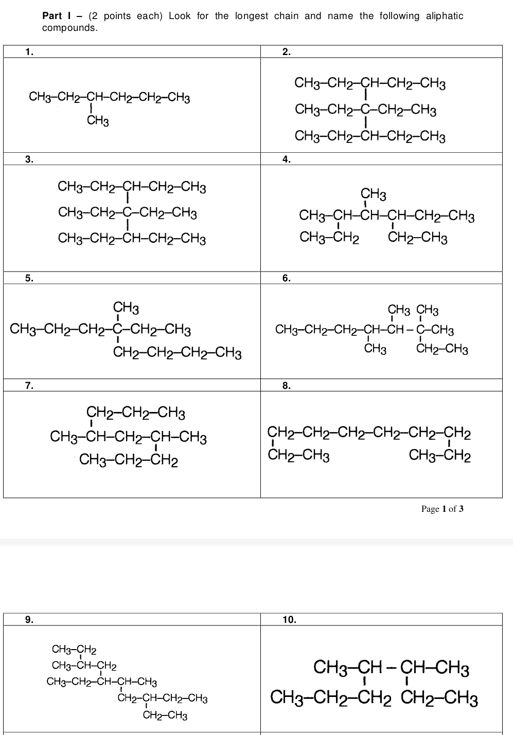 (2 points each) Look for the longest chain and name the following aliphatic
1
3
5
7