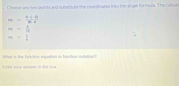 Choose any two points and substitute the coordinates into the slope formula. The calcula
m= (0-(-3))/20-8 
m= 3/12 
m= 1/4 
What is the function equation in function notation? 
Enter your answer in the box.