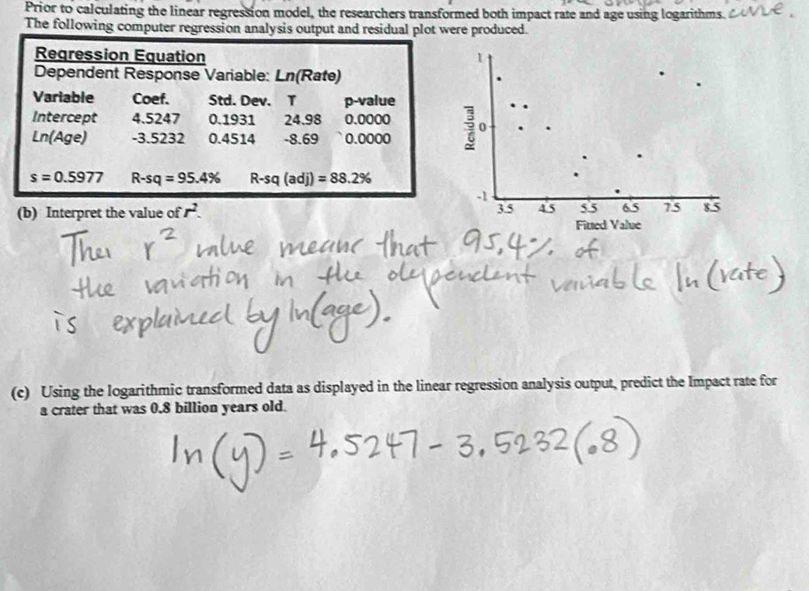 Prior to calculating the linear regression model, the researchers transformed both impact rate and age using logarithms. 
The following computer regression analysis output and residual plot were produced. 
Regression Equation 
Dependent Response Variable: Ln(Rate) 
Variable Coef. Std. Dev. T p-value 
Intercept 4.5247 0.1931 24.98 0.0000
Ln(Age) -3.5232 0.4514 -8.69 0.0000
s=0.5977 R-sq=95.4% R-sq(adj)=88.2%
(b) Interpret the value of r^2. 
(c) Using the logarithmic transformed data as displayed in the linear regression analysis output, predict the Impact rate for 
a crater that was 0.8 billion years old.