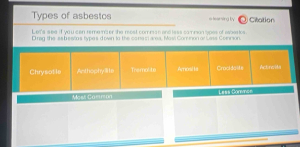 Types of asbestos e-learning by O Citation
Let's see if you can remember the most common and less common types of asbestos.
Drag the asbestos types down to the correct area, Most Common or Less Common.
Chrysotile Anthophyllite Tremolite Amosite Crocidolite Actinolite
Most Common Less Common