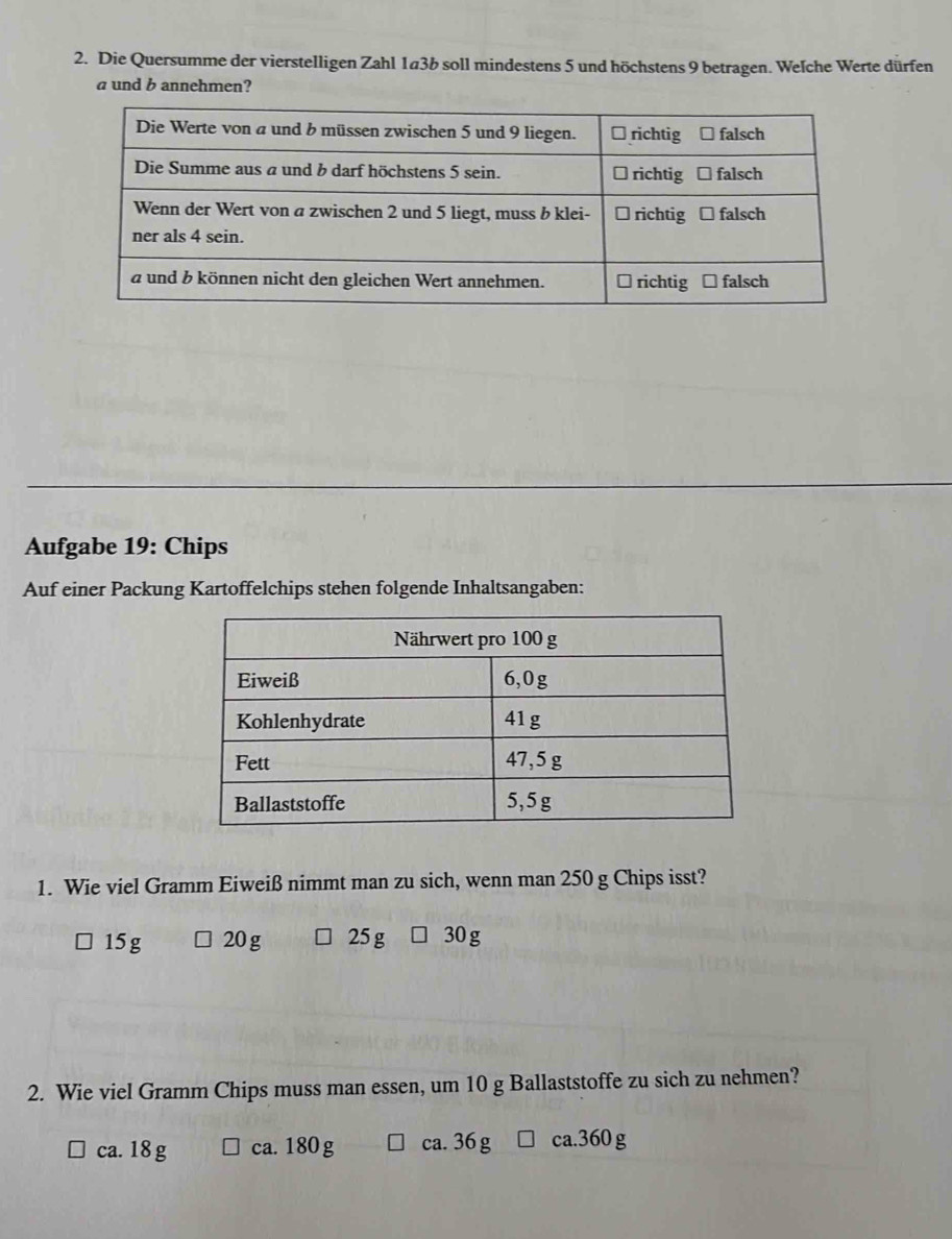 Die Quersumme der vierstelligen Zahl 1#3b soll mindestens 5 und höchstens 9 betragen. Welche Werte dürfen
a und b annehmen?
Aufgabe 19: Chips
Auf einer Packung Kartoffelchips stehen folgende Inhaltsangaben:
1. Wie viel Gramm Eiweiß nimmt man zu sich, wenn man 250 g Chips isst?
15g 20 g 25 g 30 g
2. Wie viel Gramm Chips muss man essen, um 10 g Ballaststoffe zu sich zu nehmen?
ca. 18 g ca. 180 g ca. 36 g ca. 360 g