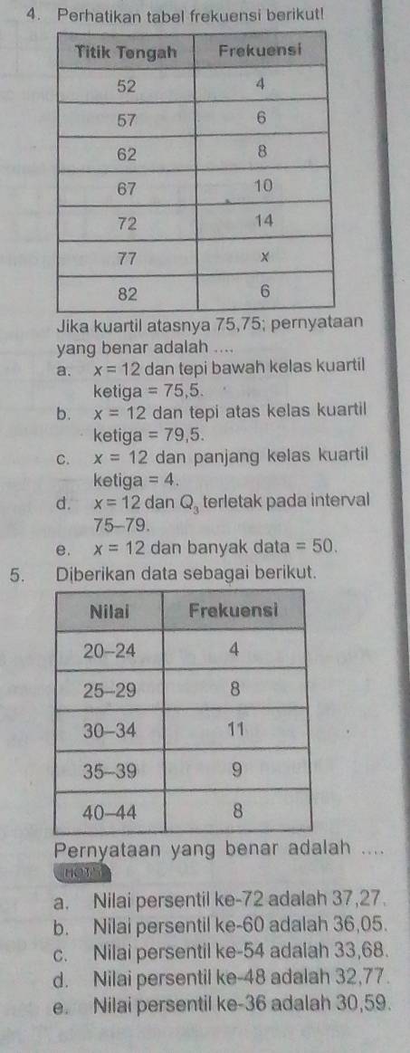 Perhatikan tabel frekuensi berikut!
Jika kuartil atasnya 75, 75; pernyataan
yang benar adalah ....
a. x=12 dan tepi bawah kelas kuartil
ketiga =75,5.
b. x=12 dan tepi atas kelas kuartil
ketiga =79,5.
C. x=12 dan panjang kelas kuartil
ketiga =4. 
d. x=12 dan Q_3 terletak pada interval
75-79.
e. x=12 dan banyak data =50. 
5. Diberikan data sebagai berikut.
Pernyataan yang benar adalah ....
HOTS
a. Nilai persentil ke -72 adalah 37, 27.
b. Nilai persentil ke -60 adalah 36,05.
c. Nilai persentil ke -54 adalah 33,68.
d. Nilai persentil ke -48 adalah 32, 77.
e. Nilai persentil ke -36 adalah 30, 59.