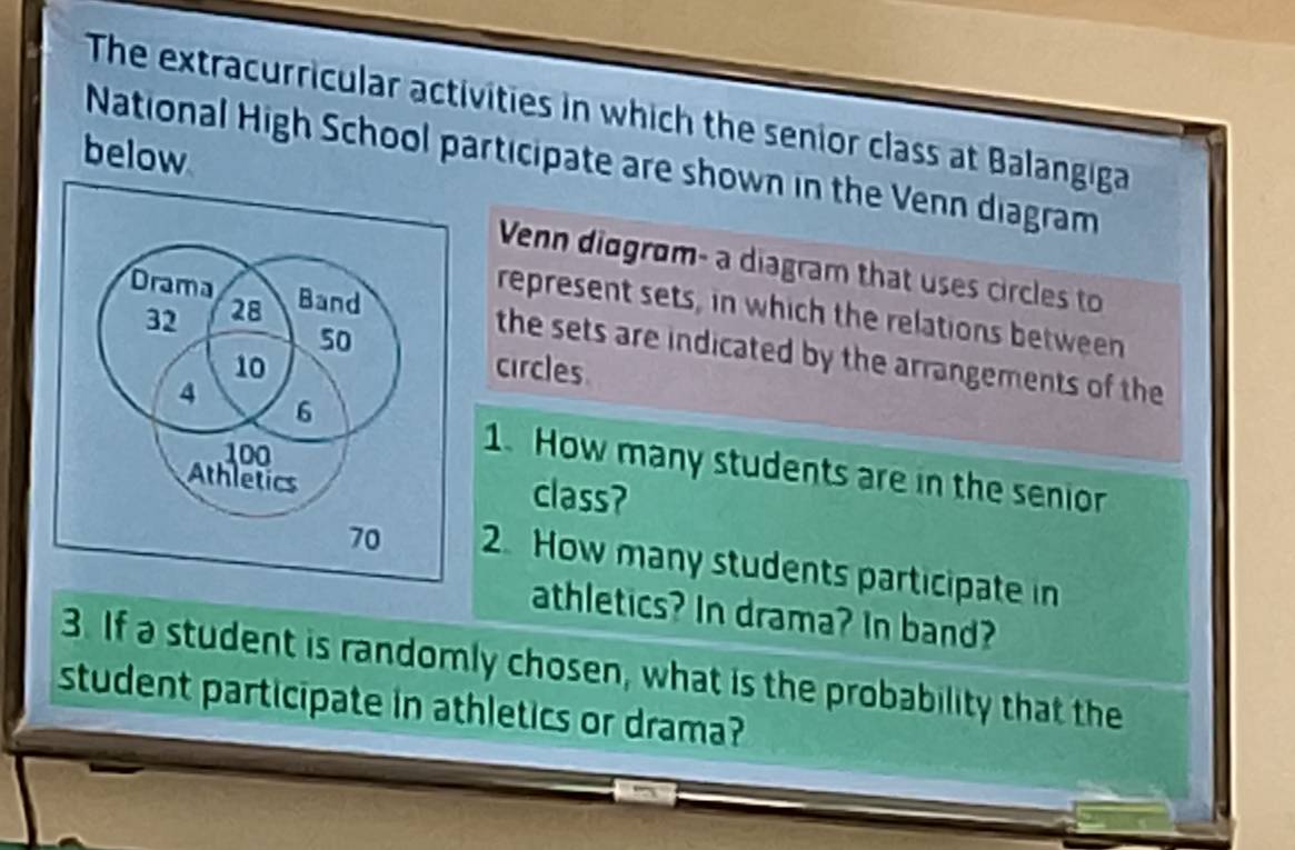 The extracurricular activities in which the senior class at Balangiga 
below 
National High School participate are shown in the Venn diagram 
Venn diogram- a diagram that uses circles to 
represent sets, in which the relations between 
the sets are indicated by the arrangements of the 
circles 
1. How many students are in the senior 
class? 
2. How many students participate in 
athletics? In drama? In band? 
3. If a student is randomly chosen, what is the probability that the 
student participate in athletics or drama?