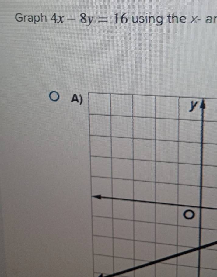 Graph 4x-8y=16 using the x - ar 
A)