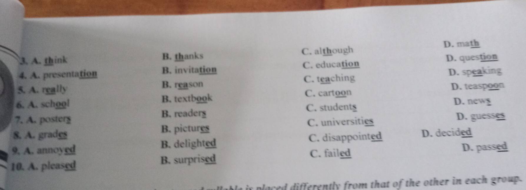 D. math
3. A. think
B. thanks C. although
4. A. presentation C. education D. question
B. invitation D. speaking
5. A. really B. reason C. teaching
D. teaspoon
6. A. school
B. textbook C. cartoon
D. new$
B. readerg
C. students
7. A. posterg C. universities D. guesses
B. pictures
8. A. grades C. disappointed D. decided
9. A. annoyed
B. delighted
10. A. pleased
B. surprised C. failed
D. passed
is placed differently from that of the other in each group.