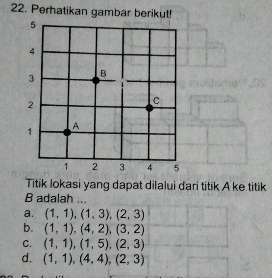 Perhatikan gambar berikut!
Titik lokasi yang dapat dilalui dari titik A ke titik
B adalah ...
a. (1,1),(1,3), (2,3)
b. (1,1),(4,2), (3,2)
C. (1,1), (1,5), (2,3)
d. (1,1),(4,4), (2,3)