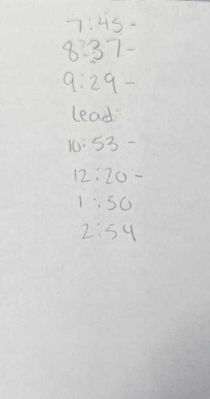 7:45-
8:37-
9:29-
lead
10:53 -
12 :20-
1:50
2:54