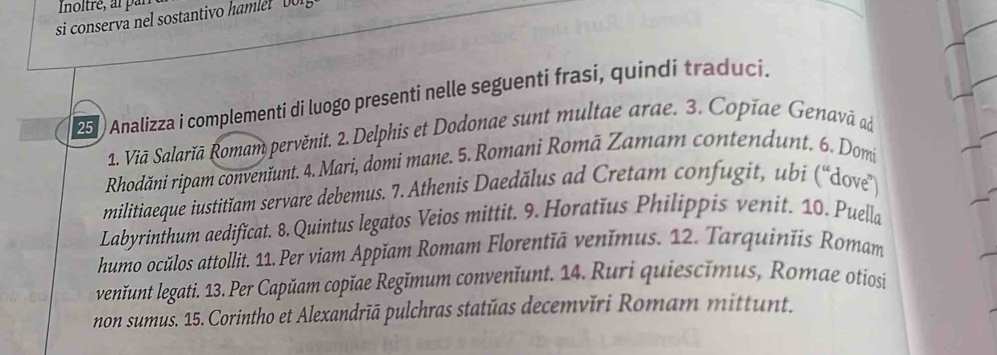 si conserva nel sostantivo hamler D 
251 ) Analizza i complementi di luogo presenti nelle seguenti frasi, quindi traduci, 
1. Viā Salarĭā Řomam pervěnit. 2. Delphis et Dodonae sunt multae arae. 3. Copiae Genavā a 
Rhodăni ripam convenĭunt. 4. Mari, domi mane. 5. Romani Romā Zamam contendunt. 6. Domi 
militiaeque iustitǐam servare debemus. 7. Athenis Daedălus ad Cretam confugit, ubi (“dove'') 
Labyrinthum aedificat. 8. Quintus legatos Veios mittit. 9. Horatĭus Philippis venit. 10. Puella 
humo ocŭlos attollit. 11. Per viam Appǐam Romam Florentīā venĭmus. 12. Tarquinĭis Romam 
venunt legati. 13. Per Capŭam copĭae Regĭmum convenĭunt. 14. Ruri quiescimus, Romae otiosi 
non sumus. 15. Corintho et Alexandrīā pulchras statǔas decemvīri Romam mittunt.