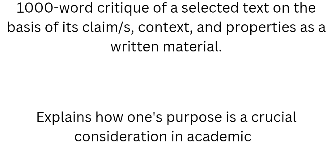 1000-word critique of a selected text on the 
basis of its claim/s, context, and properties as a 
written material. 
Explains how one's purpose is a crucial 
consideration in academic