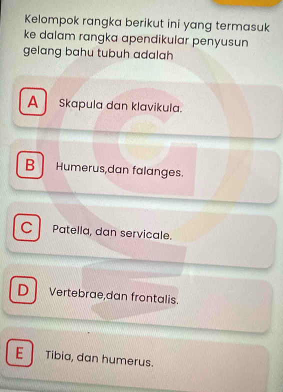 Kelompok rangka berikut ini yang termasuk
ke dalam rangka apendikular penyusun
gelang bahu tubuh adalah
A Skapula dan klavikula.
B Humerus,dan falanges.
C Patella, dan servicale.
D Vertebrae,dan frontalis.
E Tibia, dan humerus.