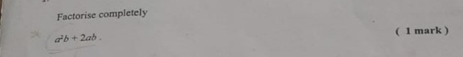 Factorise completely
a^2b+2ab. 
( 1 mark )