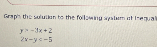Graph the solution to the following system of inequal
y≥ -3x+2
2x-y