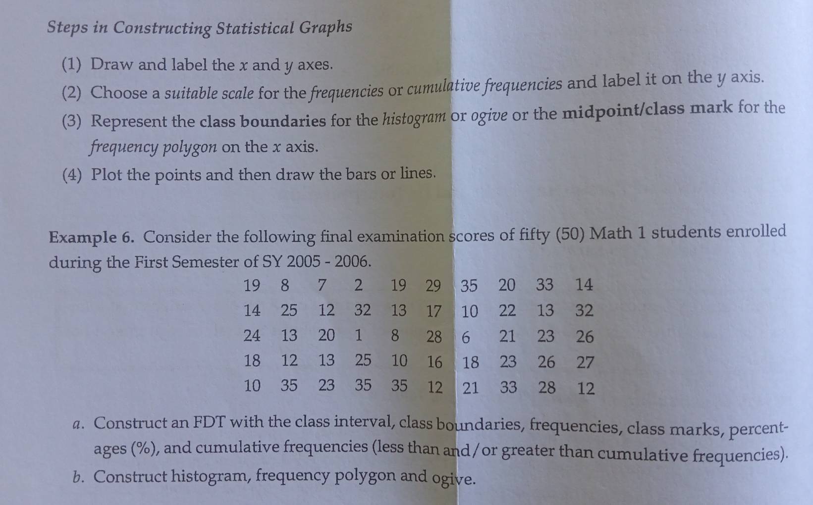 Steps in Constructing Statistical Graphs 
(1) Draw and label the x and y axes. 
(2) Choose a suitable scale for the frequencies or cumulative frequencies and label it on the y axis. 
(3) Represent the class boundaries for the histogram or ogive or the midpoint/class mark for the 
frequency polygon on the x axis. 
(4) Plot the points and then draw the bars or lines. 
Example 6. Consider the following final examination scores of fifty (50) Math 1 students enrolled 
during the First Semester of SY 2005 - 2006.
19 8 7 2 19 29 35 20 33 14
14 25 12 32 13 17 10 22 13 32
24 13 20 1 8 28 6 21 23 26
18 12 13 25 10 16 18 23 26 27
10 35 23 35 35 12 21 33 28 12
a. Construct an FDT with the class interval, class boundaries, frequencies, class marks, percent- 
ages (%), and cumulative frequencies (less than and/or greater than cumulative frequencies). 
b. Construct histogram, frequency polygon and ogive.