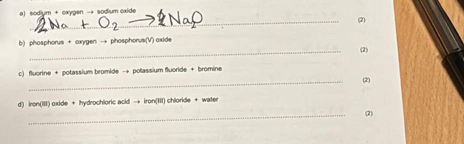 sodium + oxygen → sodium oxide 
_ 
(2) 
_ 
b) phosphorus + oxygen → phosphorus(V) oxide 
(2) 
_ 
c) fluorine + potassium bromide → potassium fluoride + bromine 
(2) 
d) iron(III) oxide + hydrochloric acid → iron(III) chloride + water 
_ 
(2)