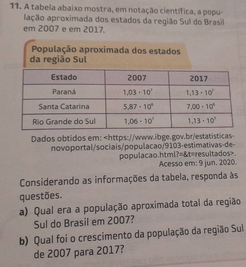 A tabela abaixo mostra, em notação científica, a popu-
ação aproximada dos estados da região Sul do Brasil
em 2007 e em 2017.
População aproximada dos estados
da região Sul
Dados obtidos em:.
Acesso em: 9 jun. 2020.
Considerando as informações da tabela, responda às
questões.
a) Qual era a população aproximada total da região
Sul do Brasil em 2007?
b) Qual foi o crescimento da população da região Sul
de 2007 para 2017?