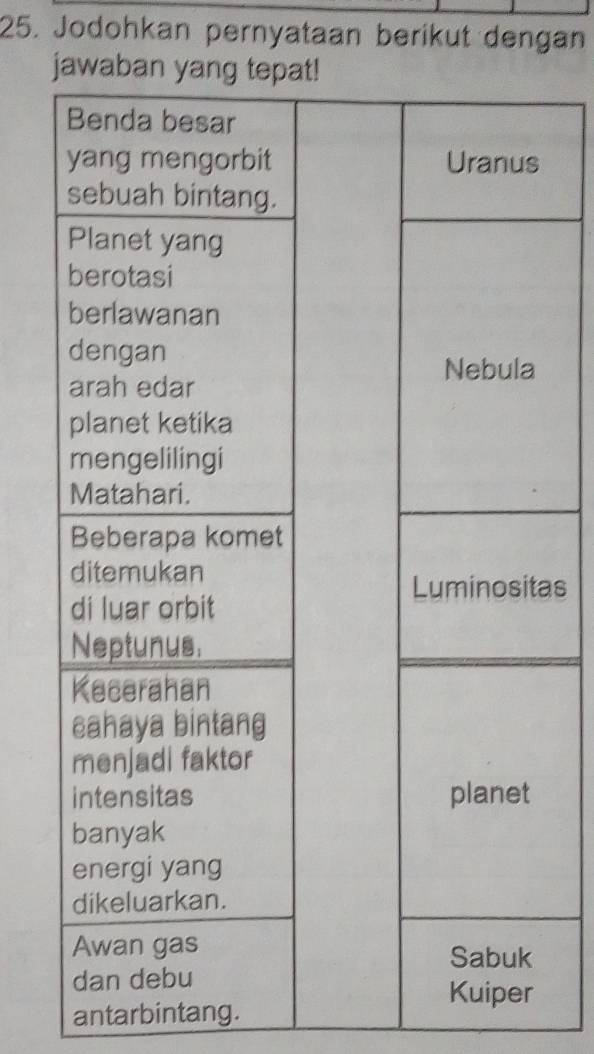 Jodohkan pernyataan berikut dengan 
as 
antarbintang.