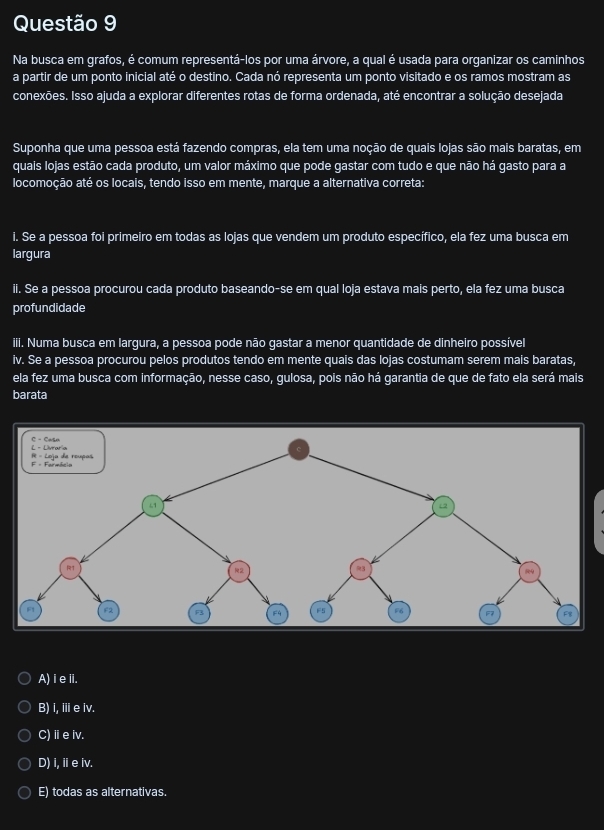 Na busca em grafos, é comum representá-los por uma árvore, a qual é usada para organizar os caminhos
a partir de um ponto inicial até o destino. Cada nó representa um ponto visitado e os ramos mostram as
conexões. Isso ajuda a explorar diferentes rotas de forma ordenada, até encontrar a solução desejada
Suponha que uma pessoa está fazendo compras, ela tem uma noção de quais lojas são mais baratas, em
quais lojas estão cada produto, um valor máximo que pode gastar com tudo e que não há gasto para a
locomoção até os locais, tendo isso em mente, marque a alternativa correta:
i. Se a pessoa foi primeiro em todas as lojas que vendem um produto específico, ela fez uma busca em
largura
ii. Se a pessoa procurou cada produto baseando-se em qual loja estava mais perto, ela fez uma busca
profundidade
iii. Numa busca em largura, a pessoa pode não gastar a menor quantidade de dinheiro possível
iv. Se a pessoa procurou pelos produtos tendo em mente quais das lojas costumam serem mais baratas,
ela fez uma busca com informação, nesse caso, gulosa, pois não há garantia de que de fato ela será mais
barata
A) i eiI.
B) i,ⅲe iv.
C)ⅱe iv.
D) i, ie iv.
E) todas as alternativas.