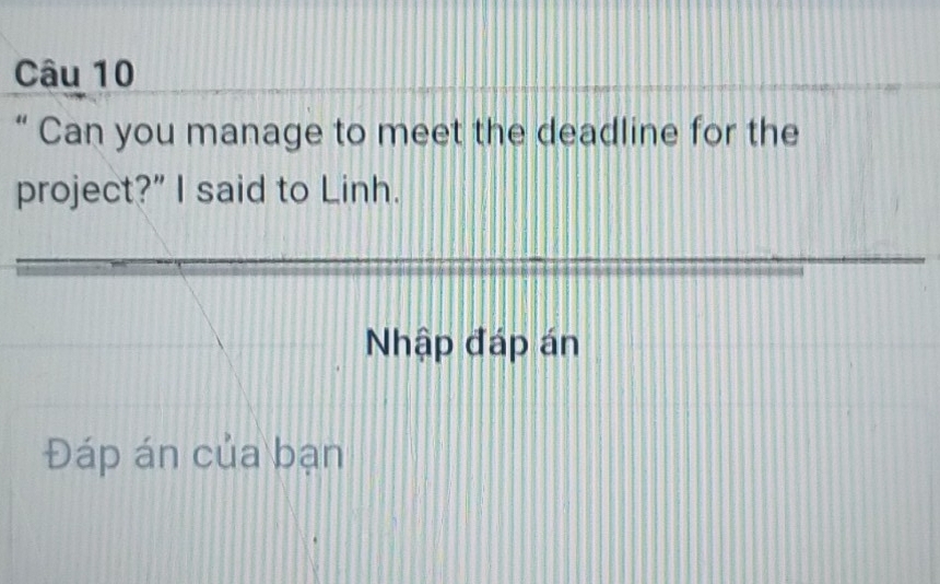 “ Can you manage to meet the deadline for the 
project?" I said to Linh. 
Nhập đáp án 
Đáp án của bạn