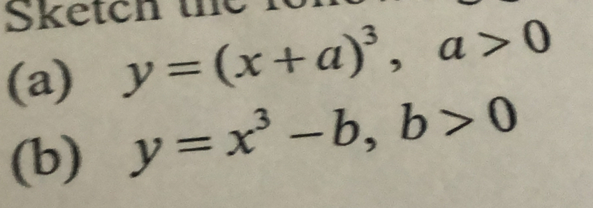 Sketeh the R
(a) y=(x+a)^3, a>0
(b)
y=x^3-b, b>0