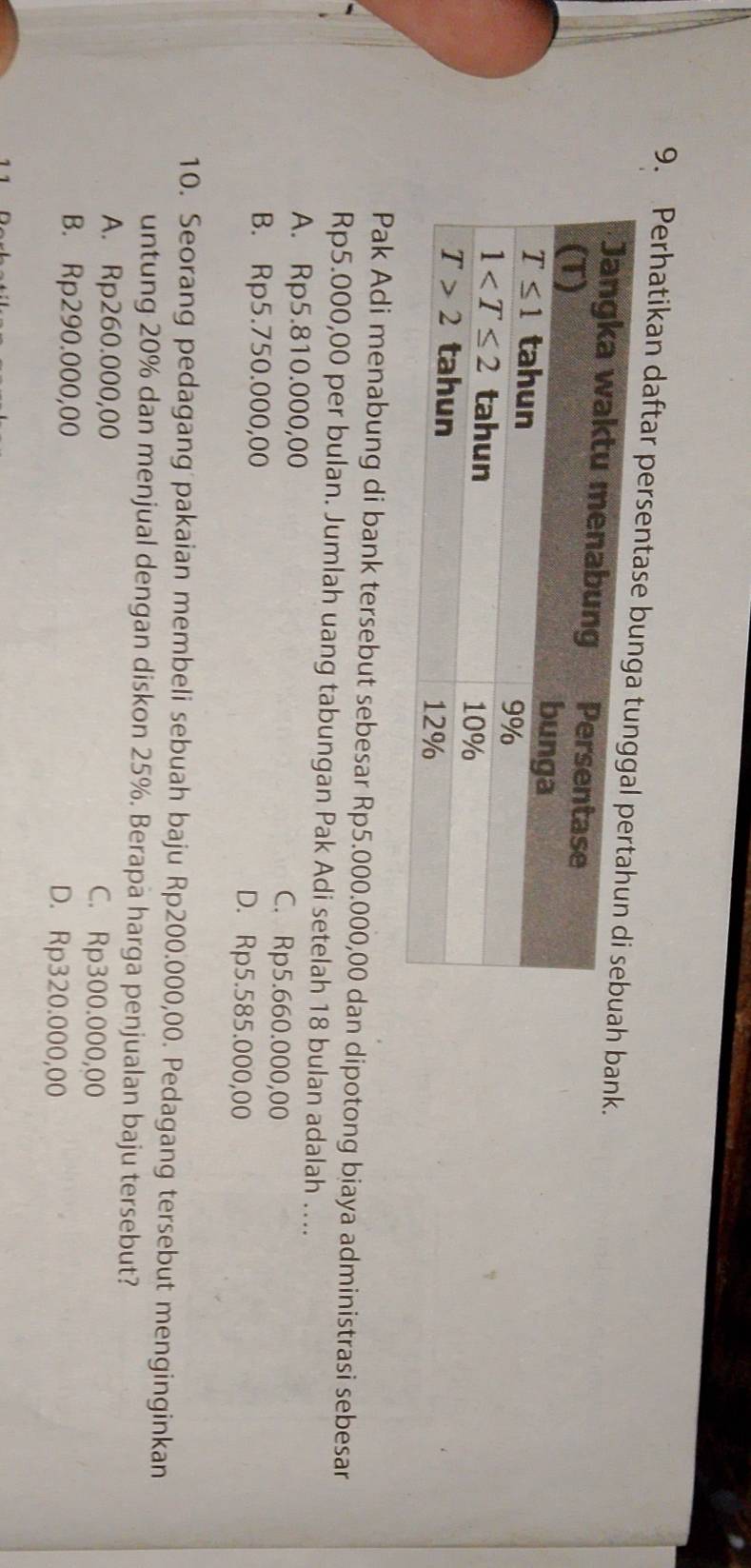 Perhatikan daftar persenth bank.
Pak Adi menabung di bank tersebut sebesar Rp5.000.000,00 dan dipotong biaya administrasi sebesar
Rp5.000,00 per bulan. Jumlah uang tabungan Pak Adi setelah 18 bulan adalah ….
A. Rp5.810.000,00 C. Rp5.660.000,00
B. Rp5.750.000,00 D. Rp5.585.000,00
10. Seorang pedagang pakaian membeli sebuah baju Rp200.000,00. Pedagang tersebut menginginkan
untung 20% dan menjual dengan diskon 25%. Berapa harga penjualan baju tersebut?
A. Rp260.000,00 C. Rp300.000,00
B. Rp290.000,00 D. Rp320.000,00