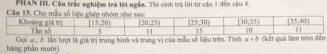 PHAN III. Câu trắc nghiệm trả lời ngắn. Thí sinh trả lời từ câu 1 đến câu 4.
Câu 15. Cho mẫu số liệu ghép
Gọi a, b lần lượt là giá trị trung bình và trung vị của mẫu số liệu trên. Tính a+b (kết quả làm tròn đến
hàng phần mười)