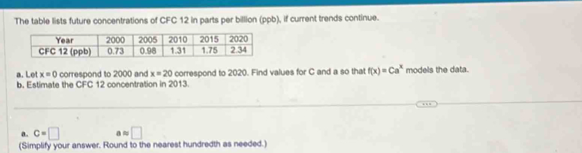 The table lists future concentrations of CFC 12 in parts per billion (ppb), if current trends continue. 
a. Let x=0 correspond to 2000 and x=20 correspond to 2020. Find values for C and a so that f(x)=Ca^x models the data. 
b. Estimate the CFC 12 concentration in 2013. 
a. c=□ a≈ □ 
(Simplify your answer. Round to the nearest hundredth as needed.)