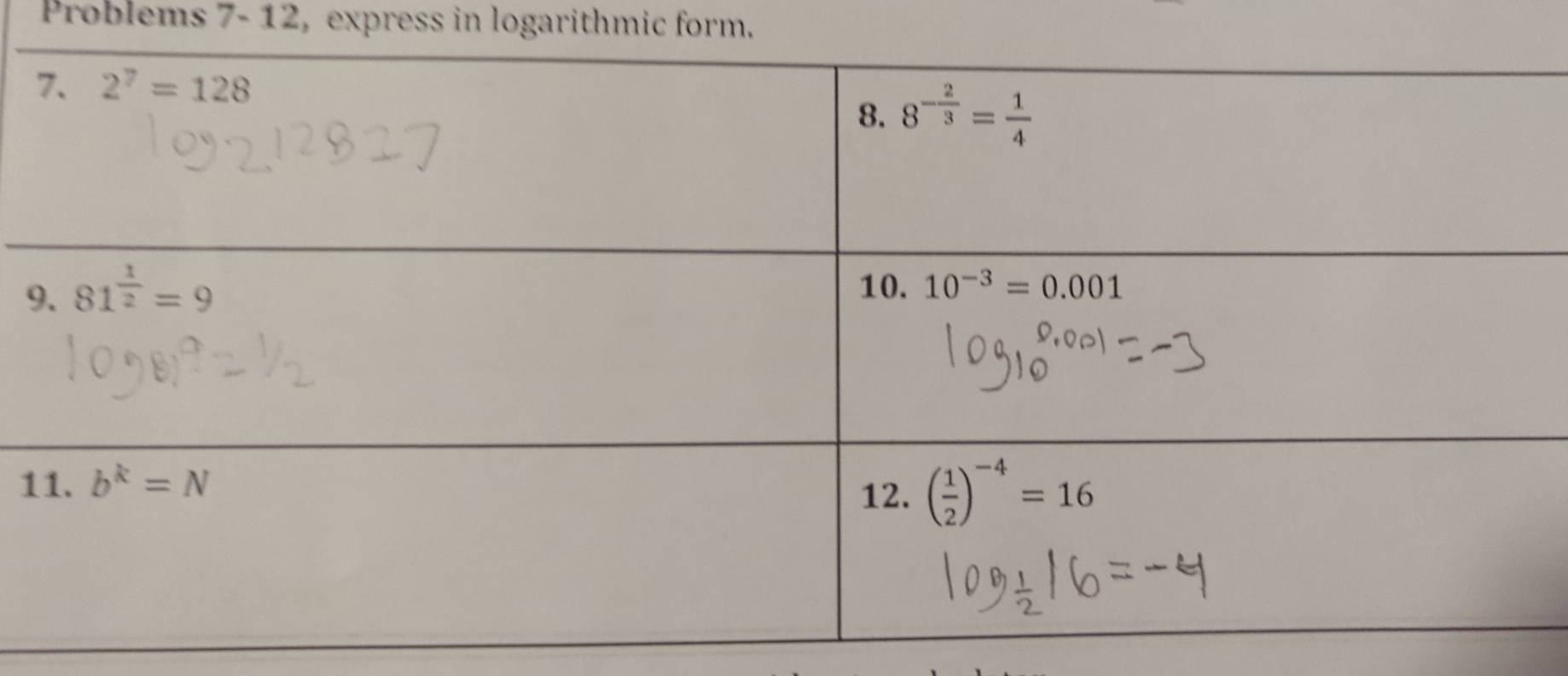 Problems 7- 12, express in logarithmic form.
9
1