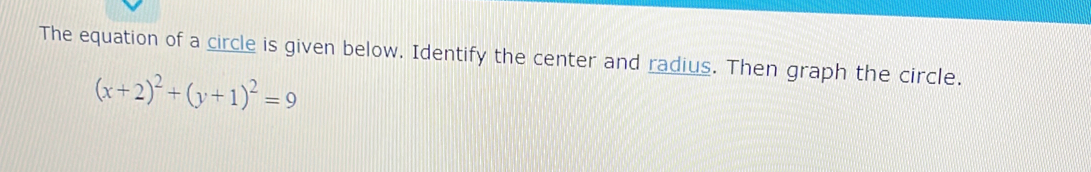 The equation of a circle is given below. Identify the center and radius. Then graph the circle.
(x+2)^2+(y+1)^2=9