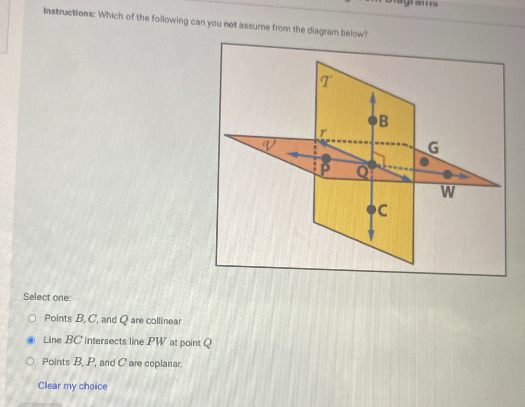 agrams
Instructions: Which of the following can you not assume from the diagram below?
Select one:
Points B, C, and Q are collinear
Line BC intersects line PW at point Q
Points B, P, and C' are coplanar.
Clear my choice