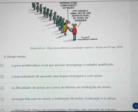 Dispon/vell em:. Acesso em: 07 ago. 2024.)
A charge retrata
a grave problemática social que envolve desemprego e trabalho qualificado.
a impossibilidade de aprender uma língua estrangeira a curto prazo.
as dificuldades de acesso aos cursos de idiomas em instituições de ensino.
as longas filas para ter acesso a instituições de ensino, à educação e à cultura.
a diferenca de gênero em oportunidades ofertadas nelo mercado de trabalho