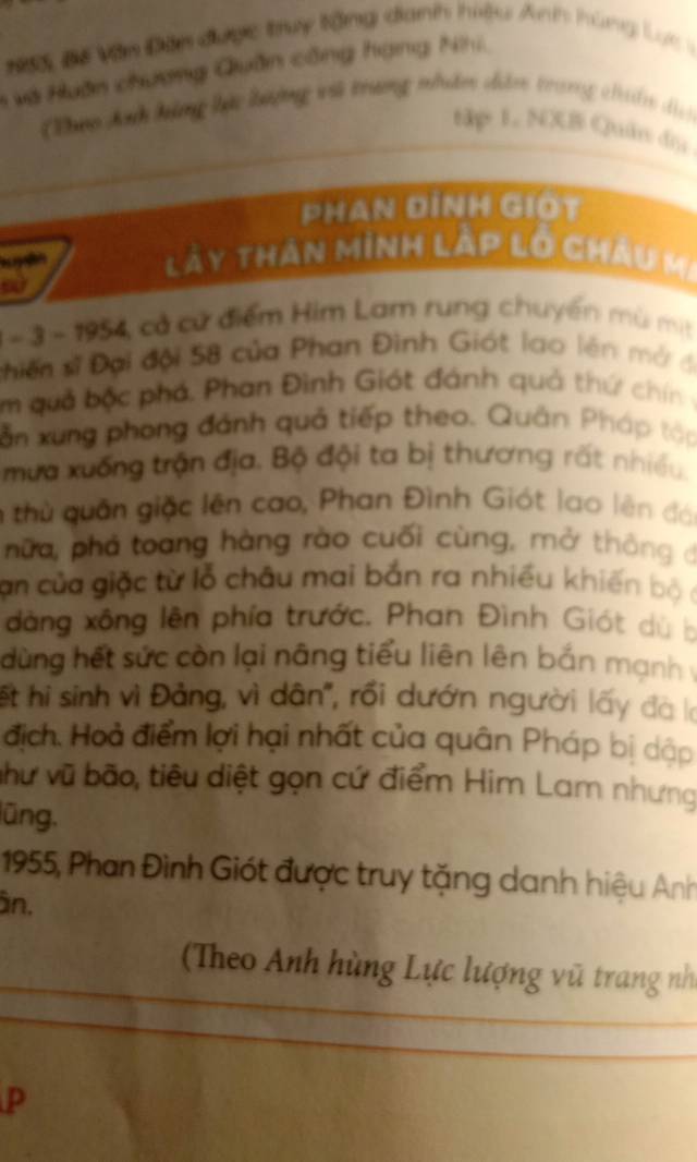 1, Bề Văn Đân được truy tặng danh hiệu Anh hùng Lực 1 
* và Huân chương Quân công hạng Nh, 
Theo Anh hùng lặc kượng vật trương nhânn dâe trarig chdie di 
tập 1. NXB Quân dụ 
PHAN DÍNH GI(a) 

lày thân minh lập ló châu mi 
1 − 3 1954, cả cử điểm Him Lam rung chuyển mù mit 
shiến sĩ Đại đội 58 của Phan Đình Giót lao lên mở đi 
im quả bộc phá. Phan Đình Giót đánh quả thứ chín 
ẫn xung phong đánh quả tiếp theo. Quân Pháp tập 
mưa xuống trận địa, Bộ đội ta bị thương rất nhiều. 
thù quân giặc lên cao, Phan Đình Giót lao lên đái 
nữa, phả toang hàng rào cuối cùng, mở thông đ 
an của giặc từ lỗ châu mai bắn ra nhiều khiến bộ ở 
dàng xông lên phía trước. Phan Đình Giót dù b 
dùng hết sức còn lại nâng tiểu liên lên bắn mạnh y 
't hi sinh vì Đảng, vì dân'', rối dướn người lấy đà là 
địch. Hoả điểm lợi hại nhất của quân Pháp bị dập 
như vũ bão, tiêu diệt gọn cứ điểm Him Lam nhưng 
lüng.
1955, Phan Đình Giót được truy tặng danh hiệu Anh 
än. 
(Theo Anh hùng Lực lượng vũ trang nh 
P