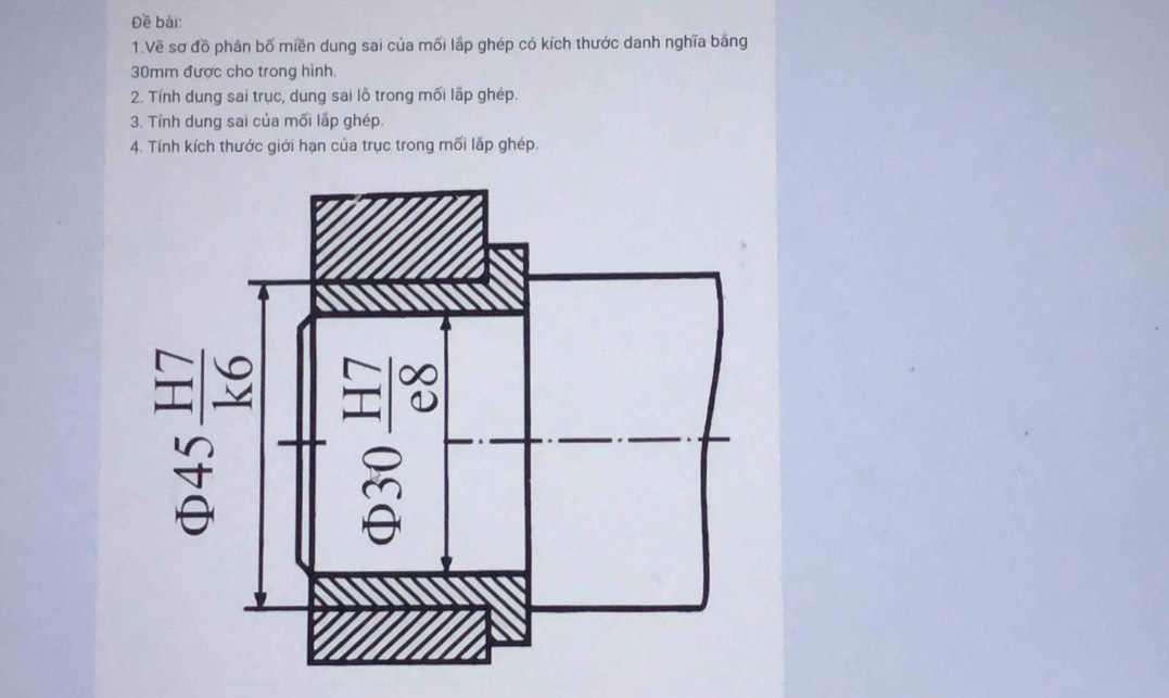 Đề bài: 
1.Vẽ sơ đồ phân bố miền dung sai của mối lắp ghép có kích thước danh nghĩa băng
30mm được cho trong hình. 
2. Tính dung sai trục, dung sai lỗ trong mối lắp ghép. 
3. Tính dung sai của mối lắp ghép. 
4. Tính kích thước giới hạn của trục trong mối lắp ghép.