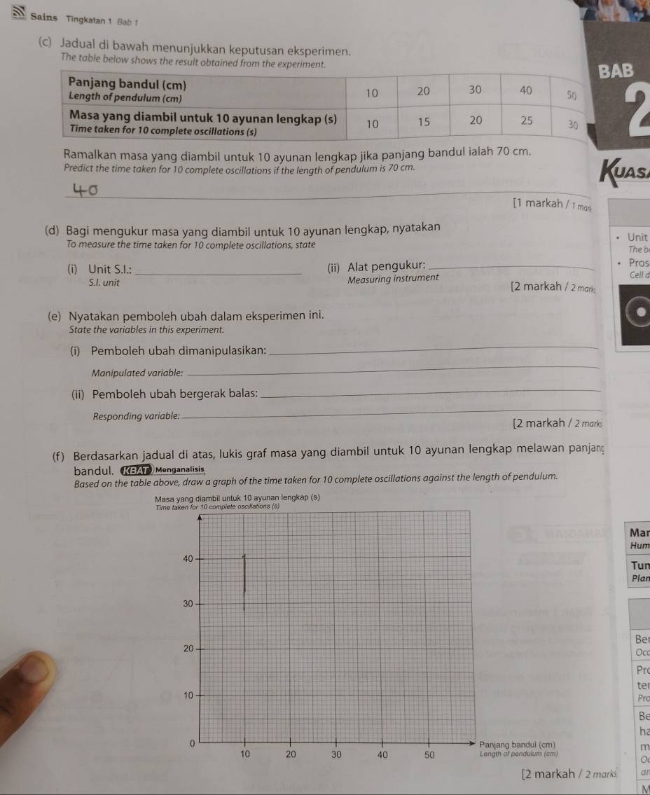 Sains Tingkatan 1 Bab 1 
(c) Jadual di bawah menunjukkan keputusan eksperimen. 
The table below shows the result obtained from the experiment. 
7 
Ramalkan masa yang diambil untuk 10 ayunan lengkap jika panjang bandul ialah 70 cm. Kuas. 
Predict the time taken for 10 complete oscillations if the length of pendulum is 70 cm. 
_ 
[1 markah / 1 mork 
(d) Bagi mengukur masa yang diambil untuk 10 ayunan lengkap, nyatakan Unit 
To measure the time taken for 10 complete oscillations, state The b 
(i) Unit S.I.:_ (ii) Alat pengukur: _Cell d Pros 
S.I. unit 
Measuring instrument 
[2 markah / 2 mark 
(e) Nyatakan pemboleh ubah dalam eksperimen ini. 
State the variables in this experiment. 
(i) Pemboleh ubah dimanipulasikan: 
_ 
Manipulated variable: 
_ 
(ii) Pemboleh ubah bergerak balas: 
_ 
_ 
Responding variable: [2 markah / 2 marks 
(f) Berdasarkan jadual di atas, lukis graf masa yang diambil untuk 10 ayunan lengkap melawan panjan 
bandul. KBAT Menganalisis 
Based on the table above, draw a graph of the time taken for 10 complete oscillations against the length of pendulum. 
Masa yang diambil untuk 10 ayunan lengkap (s) 
Tim 
Mar 
Hum 
Tun 
Plan 
Be 
Oc 
Prc 
ter 
Prc 
Be 
ha 
jang bandul (cm)
m
gth of pendulum (cm) 
0 
[2 markah / 2 marks an
M