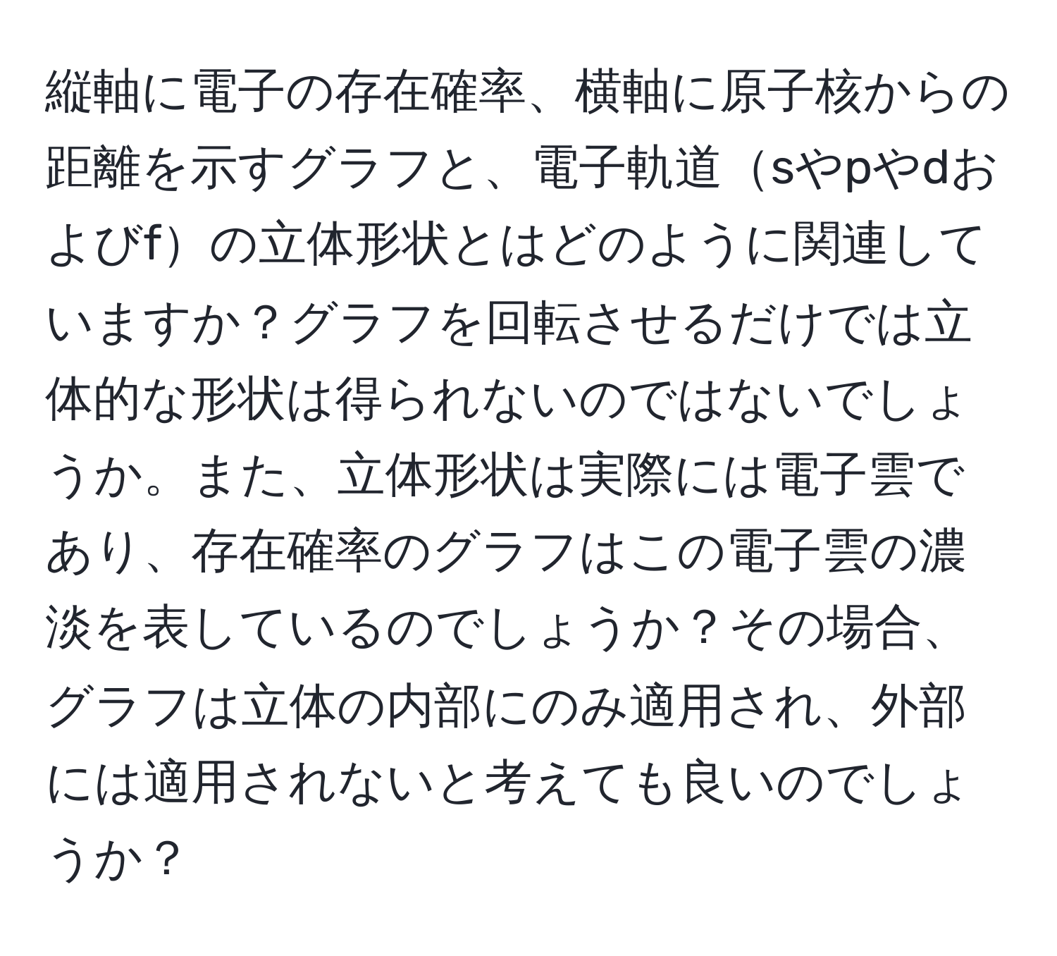 縦軸に電子の存在確率、横軸に原子核からの距離を示すグラフと、電子軌道sやpやdおよびfの立体形状とはどのように関連していますか？グラフを回転させるだけでは立体的な形状は得られないのではないでしょうか。また、立体形状は実際には電子雲であり、存在確率のグラフはこの電子雲の濃淡を表しているのでしょうか？その場合、グラフは立体の内部にのみ適用され、外部には適用されないと考えても良いのでしょうか？