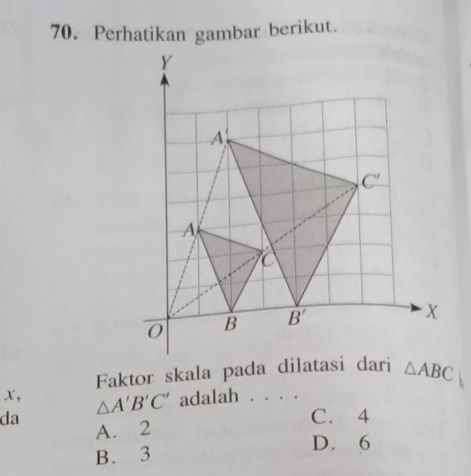 Perhatikan gambar berikut.
A
C'
A
0
B B'
X
Faktor skala pada dilatasi dari △ ABC
x, adalah .
△ A'B'C'
da C. 4
A. 2
D. 6
B. 3