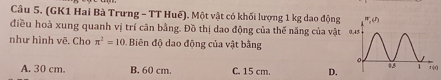 (GK1 Hai Bà Trưng - TT Huế). Một vật có khối lượng 1 kg dao động 
điều hoà xung quanh vị trí cân bằng. Đồ thị dao động của thế năng của vật
như hình vẽ. Cho π^2=10 Biên độ dao động của vật bằng
A. 30 cm. B. 60 cm. C. 15 cm. D.