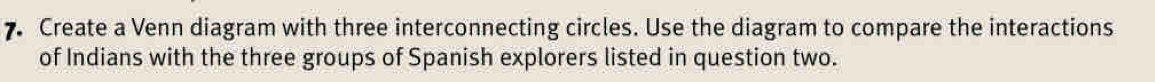 Create a Venn diagram with three interconnecting circles. Use the diagram to compare the interactions 
of Indians with the three groups of Spanish explorers listed in question two.