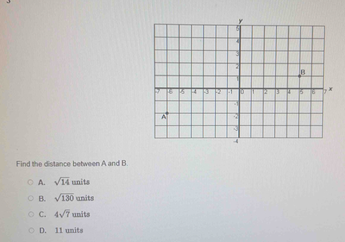 Find the distance between A and B.
A. sqrt(14) u nits
B. sqrt(130) units
C. 4sqrt(7) u its
D. 11 units