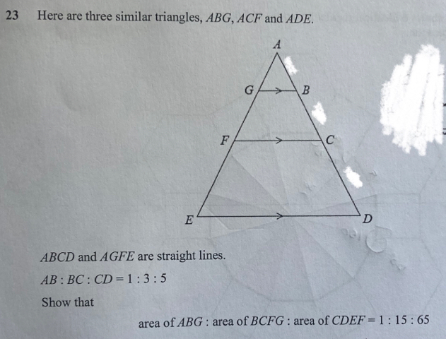 Solved: Here are three similar triangles, ABG, ACF and ADE. ABCD and ...