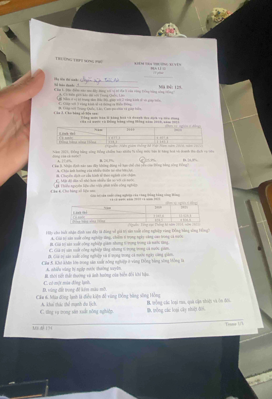 trường thpt song phú
Kiêm tra thường xuyên
D]A Li 12
_
Họ tên thí sinh:_
Số báo danh: ....._  Mã Đề: 125.
Câu 1. Đặc điểm nào sau đây đúng với vị trí địa lí của vùng Đồng bằng sông Hồng?
A. Có biên giới kéo dài với Trung Quốc, Lào.
Bị Nằm ở vị trí trung tâm Bắc Bộ, giáp với 2 vùng kinh tế và giáp biển.
C. Giáp với 3 vùng kinh tế và thông ra Biển Đông.
D. Giáp với Trung Quốc, Láo, Cam-pu-chia và giáp biển.
Câu 2. Cho bảng số liệu sau:
Tổng mức bản lễ hàng hoá và doanh thu dịch vụ tiêu dùng
của cả nước và Đồng bằng sông Hồng năm 2010, năm 2021
Năm 2021, Đồng bằng sông Hồng chiếm bao nhiêu % tổng mức bán lẻ hàng hoá và doanh thu dịch vụ tiêu
dùng của cả nước?
A. 27,6%, B. 24.5% C.)25,9%. D. 26,8%.
Câu 3. Nhận định nào sau đây không đúng về hạn chế chủ yếu của Đồng bằng sông Hồng?
A. Chịu ãnh hướng của nhiều thiên tai như bão,lụt.
B. Chuyển dịch cơ cấu kinh tế theo ngành còn chậm.
C. Mật độ dân số nhỏ hơn nhiều lần so với cả nước.
D. Thiếu nguyên liệu cho việc phát triển công nghiệp.
Câu 4. Cho bảng số liệu sau:
Giá trị sản xuất công nghiệp của vũng Đồng bằng sông Hồng
và cả nước năm 2010 và năm 2021
Hãy cho biết nhận định sau đây là đúng về giá trị sản xuất công nghiệp vùng Đồng bằng sông Hồng?
A. Giá trị sản xuất công nghiệp tăng, chiếm tỉ trọng ngày càng cao trong cả nước
B. Giá trị sản xuất công nghiệp giảm nhưng tỉ trọng trong cả nước tăng.
C. Giả trị sản xuất công nghiệp tăng nhưng tỉ trọng trong cả nước giám.
D. Giả trị sản xuất công nghiệp và tỉ trọng trong cả nước ngày càng giảm.
Câu 5. Khó khăn lớn trong sản xuất nông nghiệp ở vùng Đồng bằng sông Hồng là
A. nhiều vùng bị ngập nước thường xuyên.
B. thời tiết thất thường và ảnh hưởng của biến đồi khí hậu.
C. có một mùa đông lạnh.
D. vùng đất trong đê kém màu mỡ.
Câu 6. Mùa đông lạnh là điều kiện đề vùng Đồng bằng sông Hồng
A. khai thác thể mạnh du lịch. B. trồng các loại rau, quá cận nhiệt và ôn đới.
C. tăng vụ trong sản xuất nông nghiệp. D. trồng các loại cây nhiệt đới.
Mã đề 125 Tranø 1/3