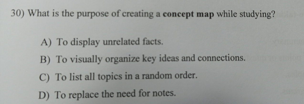 What is the purpose of creating a concept map while studying?
A) To display unrelated facts.
B) To visually organize key ideas and connections.
C) To list all topics in a random order.
D) To replace the need for notes.