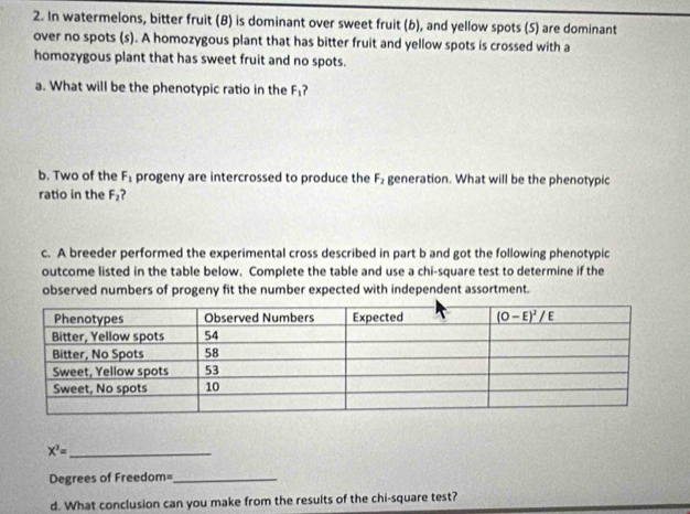 In watermelons, bitter fruit (B) is dominant over sweet fruit (b), and yellow spots (5) are dominant
over no spots (s). A homozygous plant that has bitter fruit and yellow spots is crossed with a
homozygous plant that has sweet fruit and no spots.
a. What will be the phenotypic ratio in the F_1 ?
b. Two of the F_1 progeny are intercrossed to produce the F_2 generation. What will be the phenotypic
ratio in the F_2 ? 
c. A breeder performed the experimental cross described in part b and got the following phenotypic
outcome listed in the table below. Complete the table and use a chi-square test to determine if the
observed numbers of progeny fit the number expected with independent assortment.
X^3= _
Degrees of Freedom=_
d. What conclusion can you make from the results of the chi-square test?